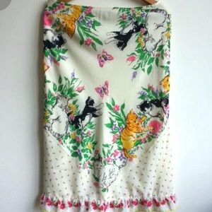 Free People Y2K Bias cut Floral front/ Kittens Butterflies back midi skirt.